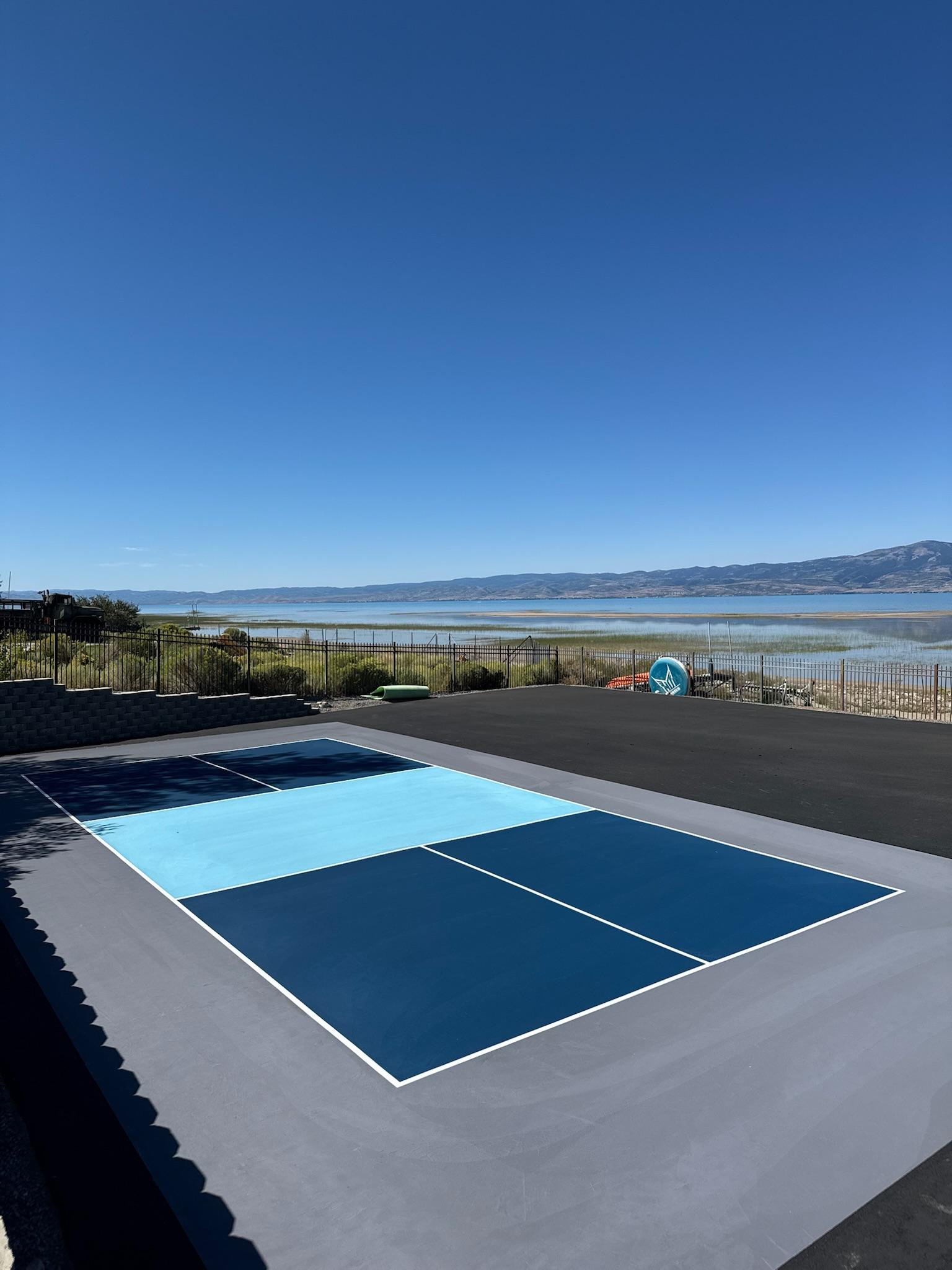 Navy and light blue pickleball court on a gray pad overlooking a lake and wetlands